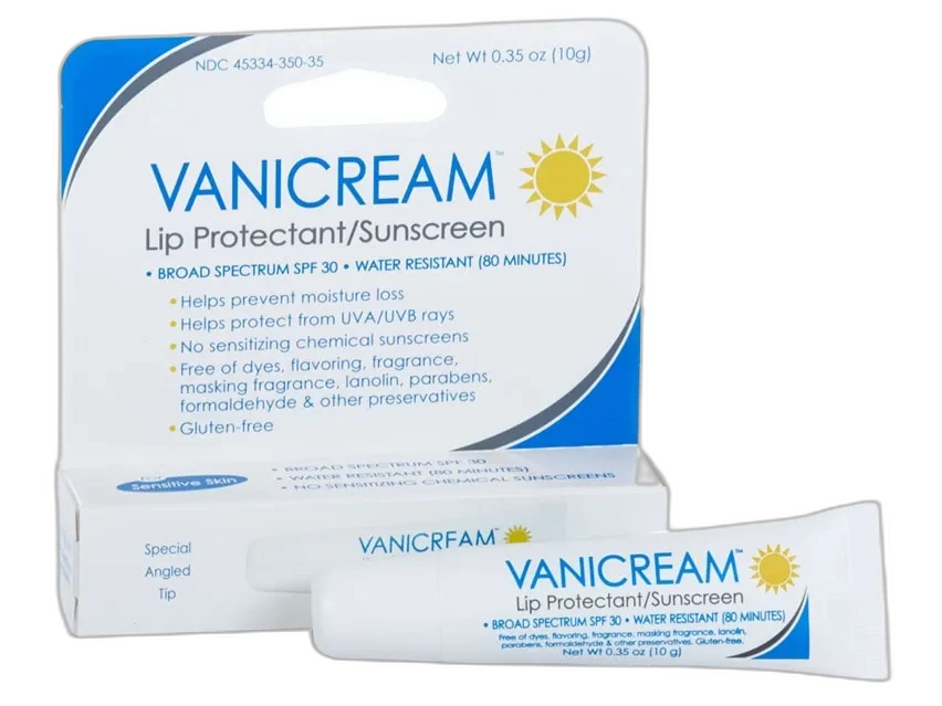 Vanicream Lip Protectant SPF 30 white squeeze tube with mineral sunscreen for sensitive lips