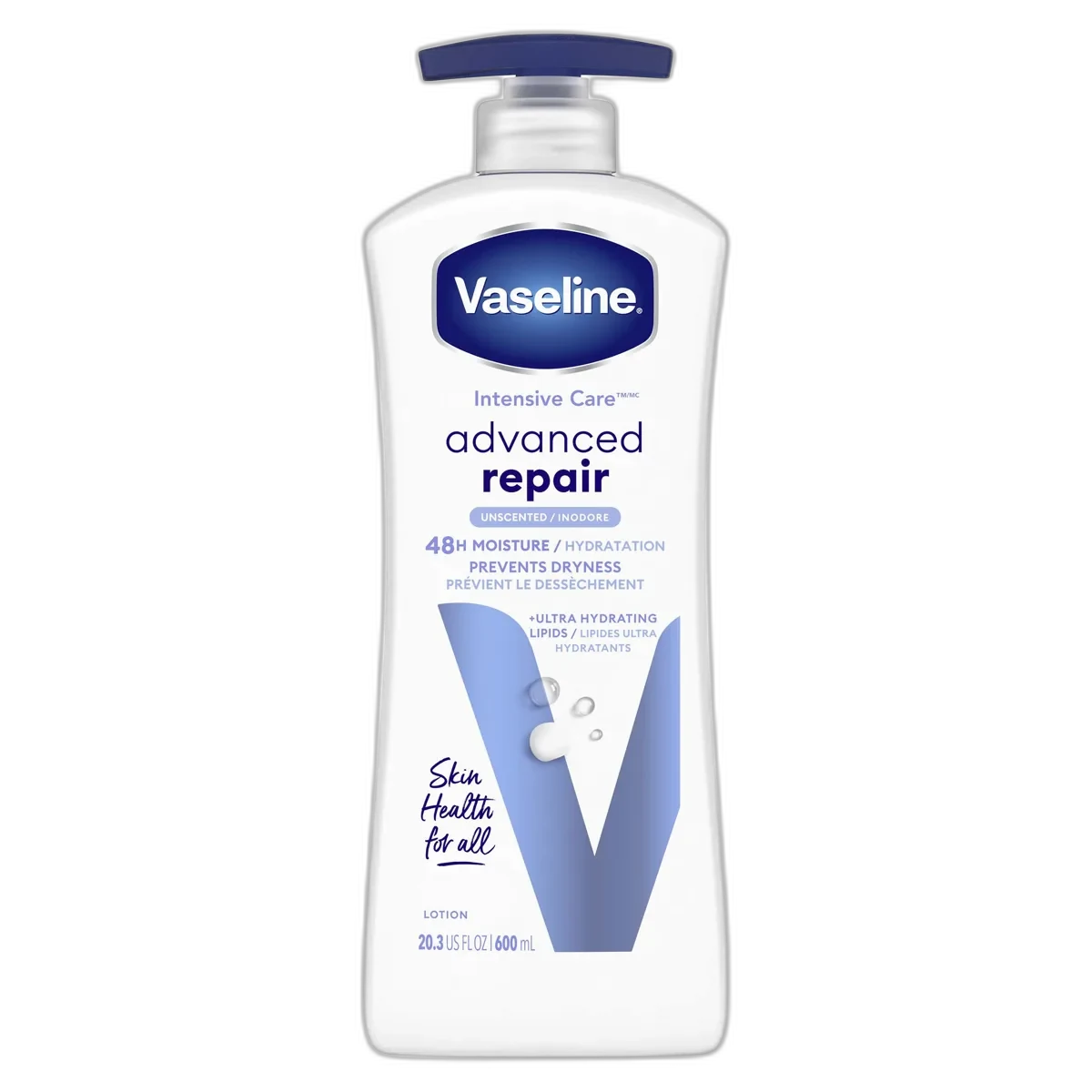 Vaseline Intensive Care Advanced Repair Unscented Lotion 20.3 fl oz white bottle with blue and