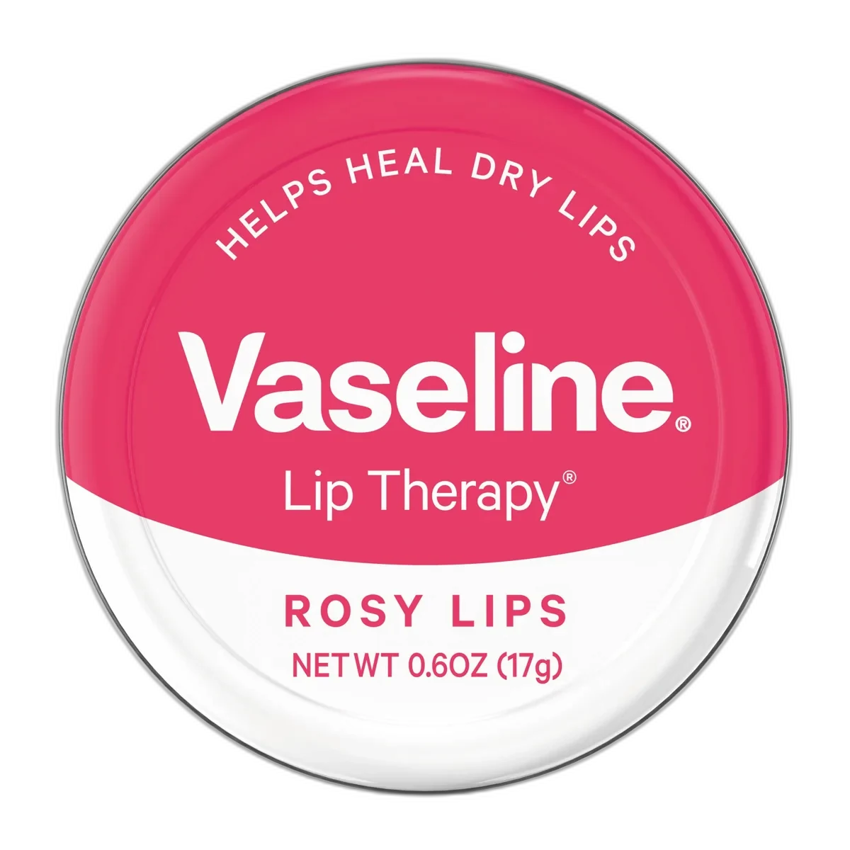 Vaseline Lip Therapy Rosy Lips 0.6 oz round steel tin with pink branding