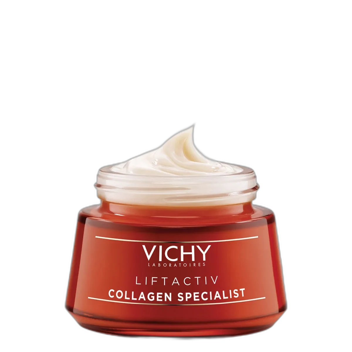 Vichy LiftActiv Collagen Specialist anti-aging day cream in white glass jar with coral accent