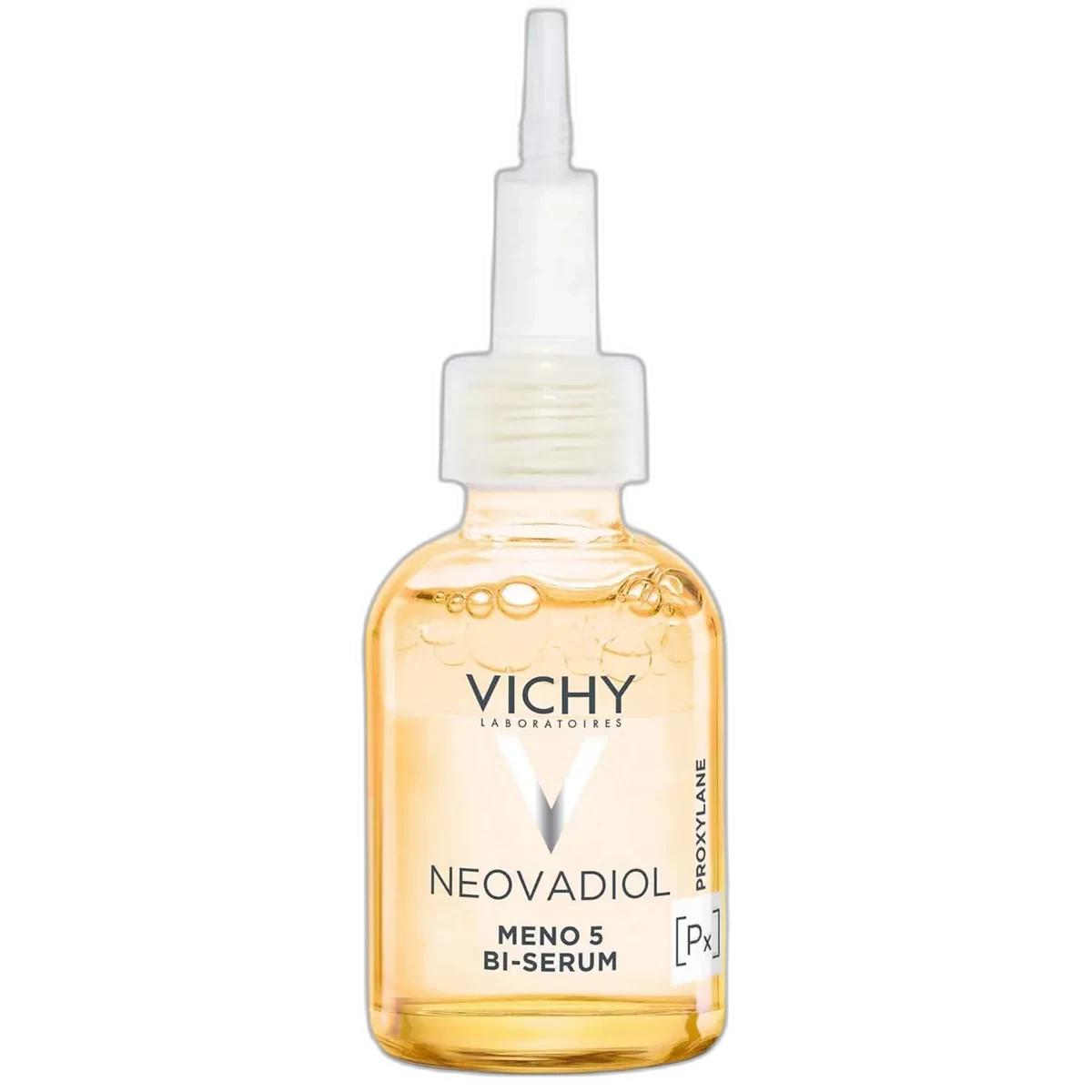 Vichy Neovadiol Meno 5 Bi-Serum 30 mL clear glass bottle showing the two-phase oil-and-water formula