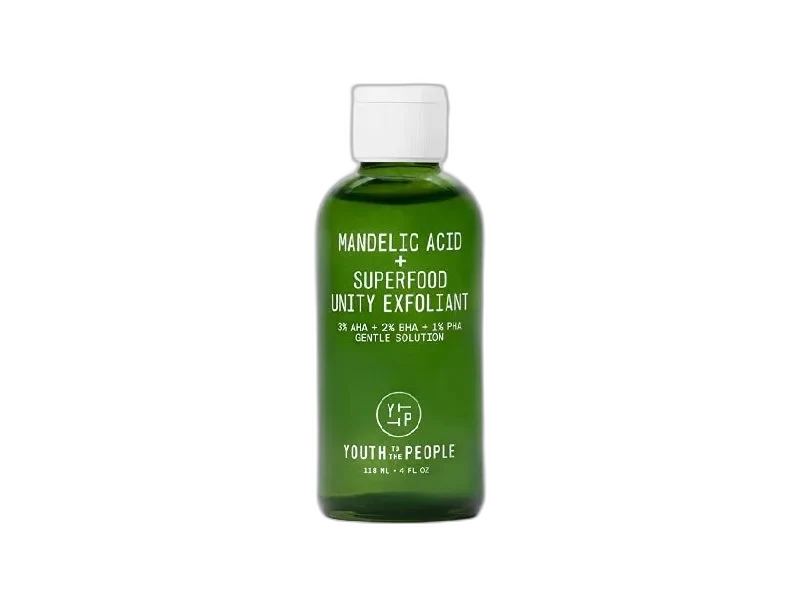 Youth to the People Mandelic Acid + Superfood Unity Exfoliant in a frosted glass bottle with