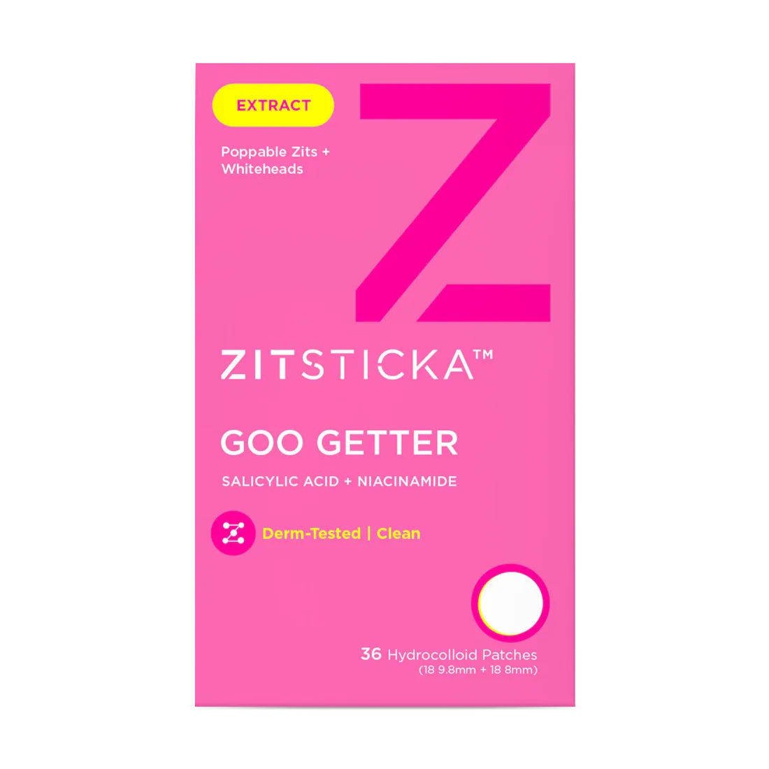 ZitSticka GOO GETTER Pore Clarifying Pimple Patch packaging with translucent hydrocolloid patches