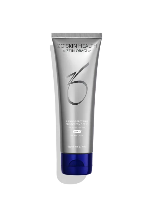 ZO Skin Health Broad-Spectrum Sunscreen SPF 50 in a white tube with blue ZO branding